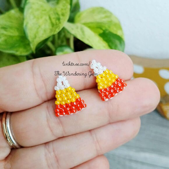Candy Corn Beaded Stud Earrings, Cute Autumn Jewelry - Picture 2 of 4